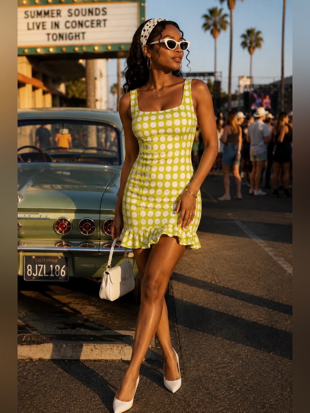 De La Vali Christobel Mini Dress 6 Small Green Polka Dot Retro Mod Ruffle Hem